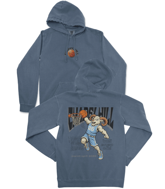 Blue hoodie with graphic design on front and back on a white background
