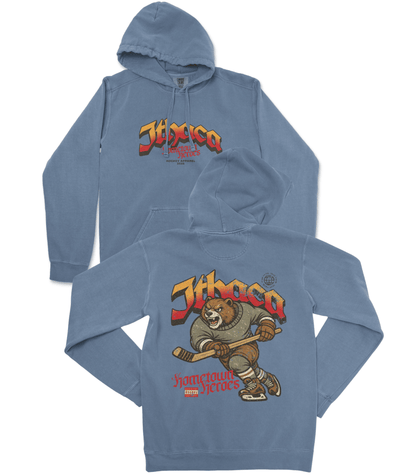 Blue hoodie with 'Itaca' logo and bear graphic on a white background