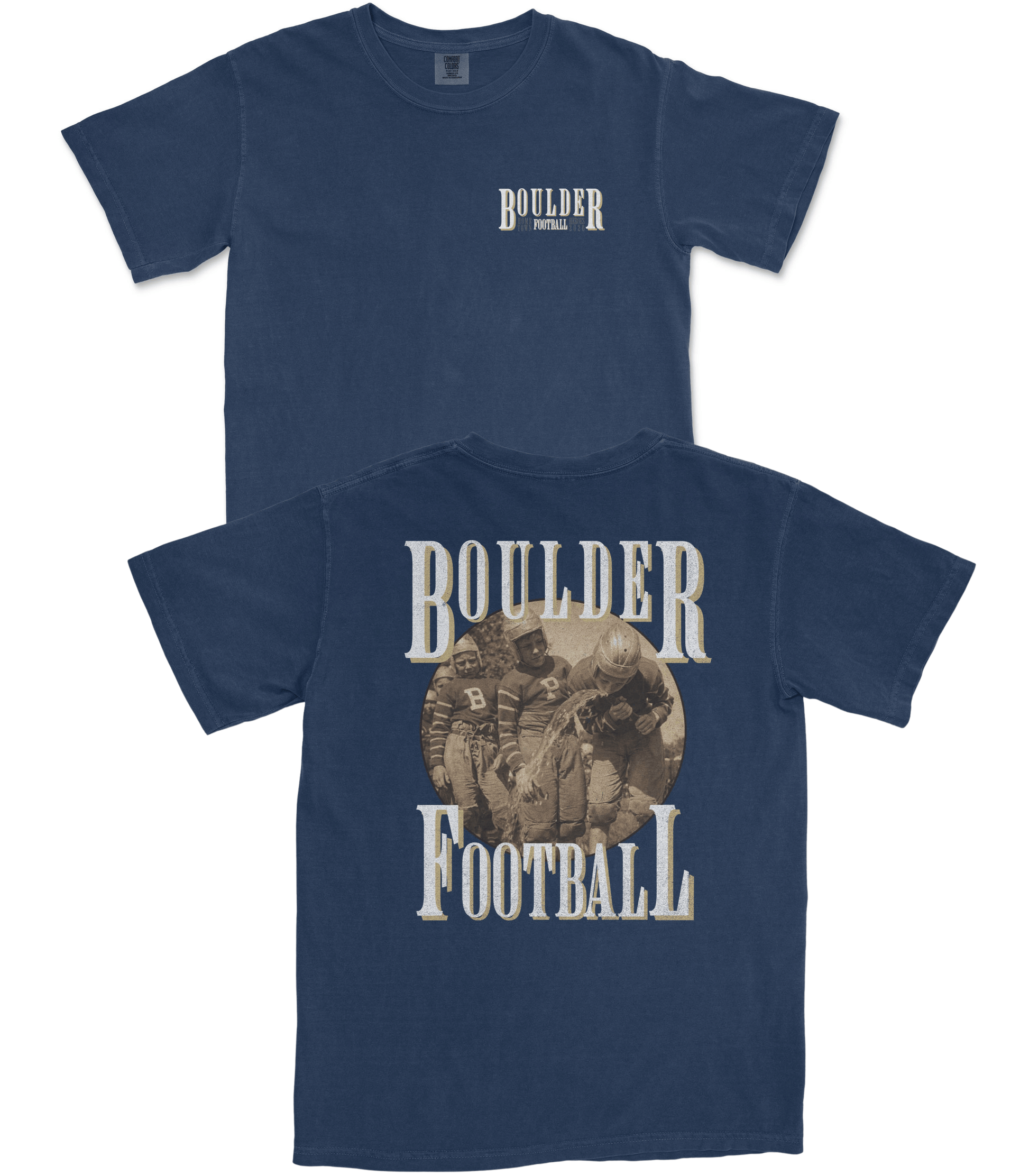 Navy blue t-shirt with 'Boulder Football' design on a white background
