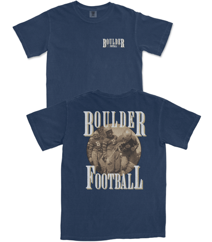 Navy blue t-shirt with 'Boulder Football' design on a white background