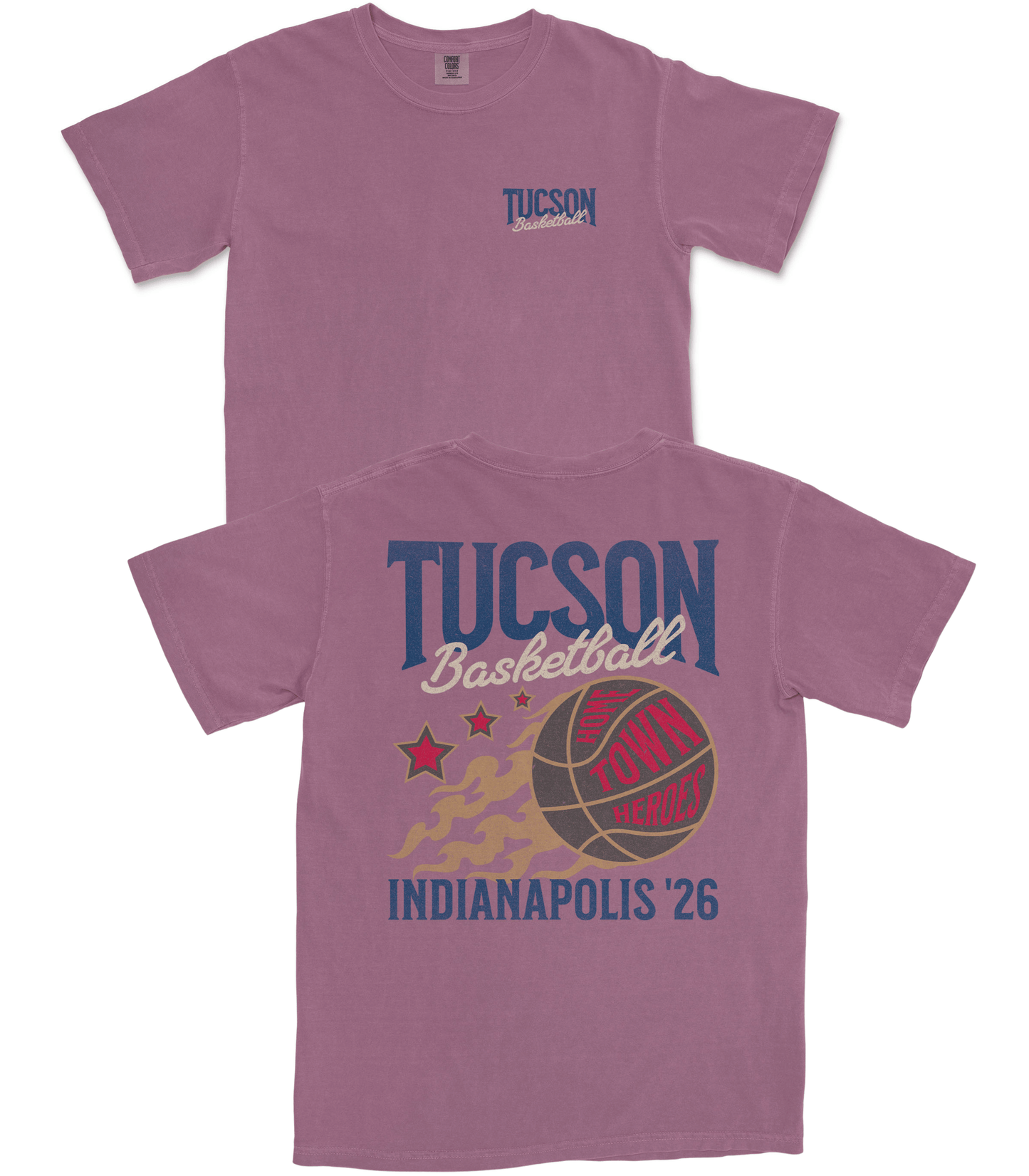 Purple t-shirt with 'Tucson Basketball' design on a white background