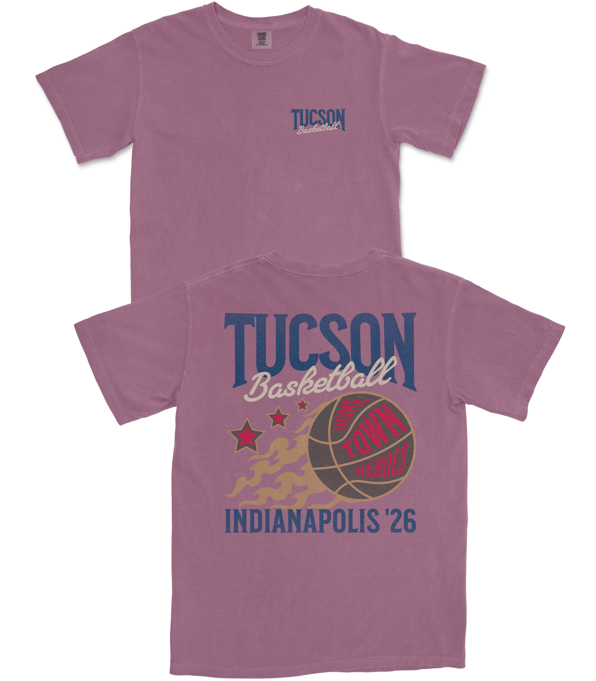 Purple t-shirt with 'Tucson Basketball' design on a white background