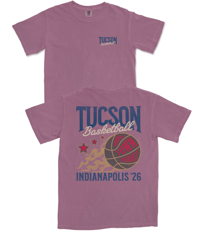 Purple t-shirt with 'Tucson Basketball' design on a white background