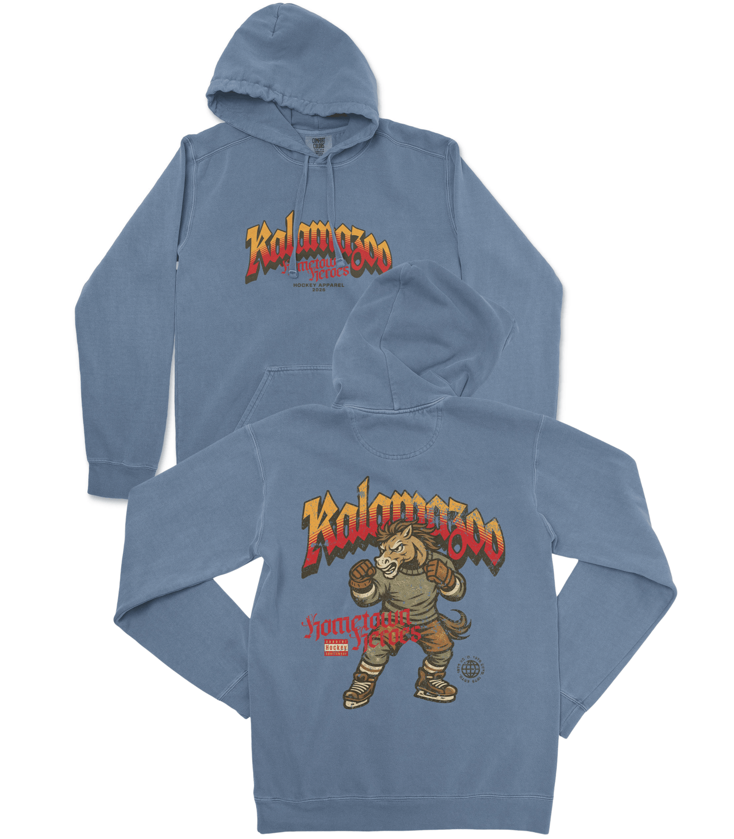Blue hoodie with 'Itaca' logo and bear graphic on a white background