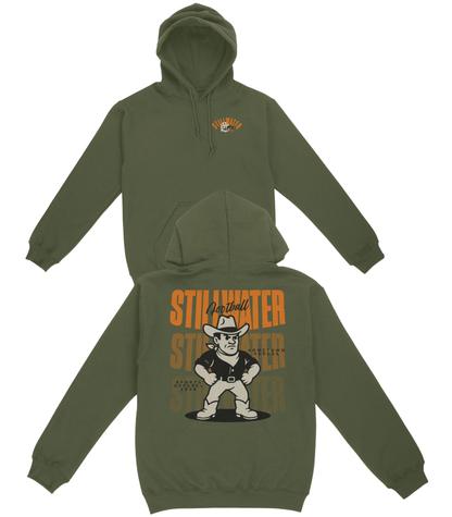 Green hoodie with a graphic design on the front and back on a white background