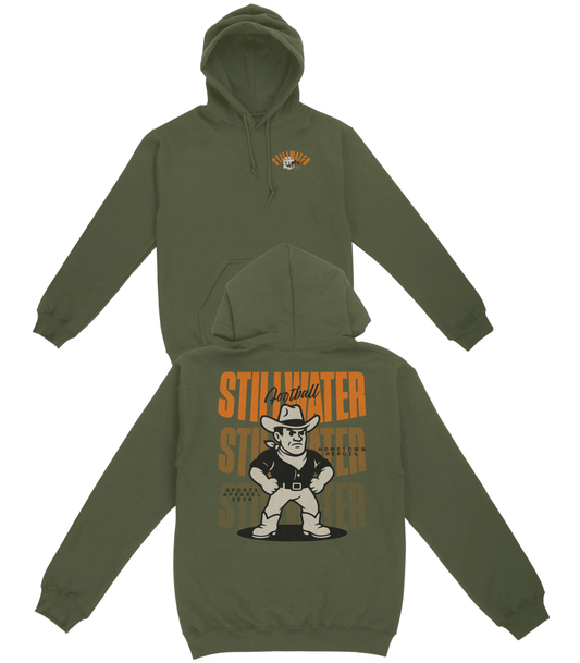Green hoodie with a graphic design on the front and back on a white background