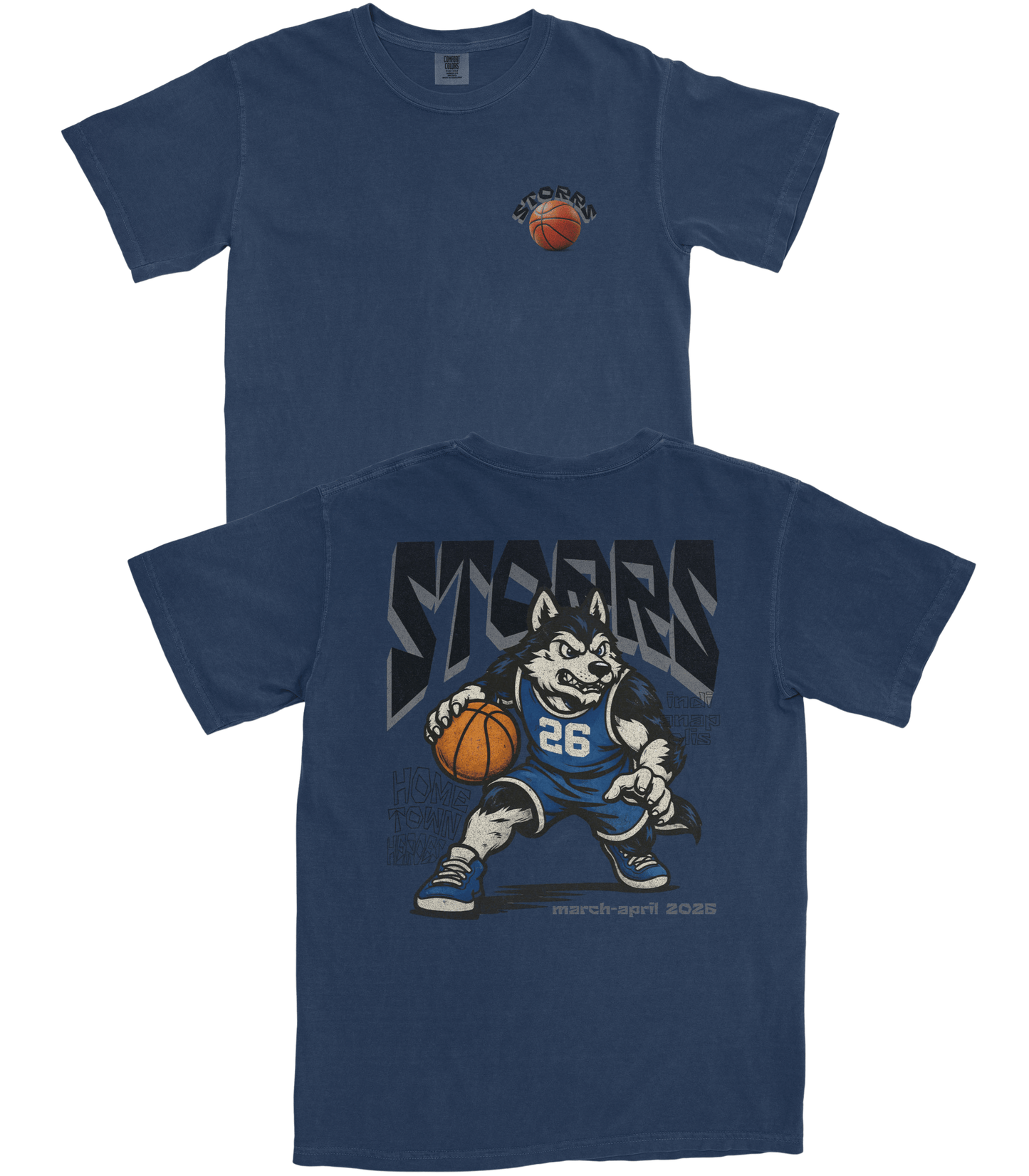 Two blue t-shirts with sports-themed designs on a white background