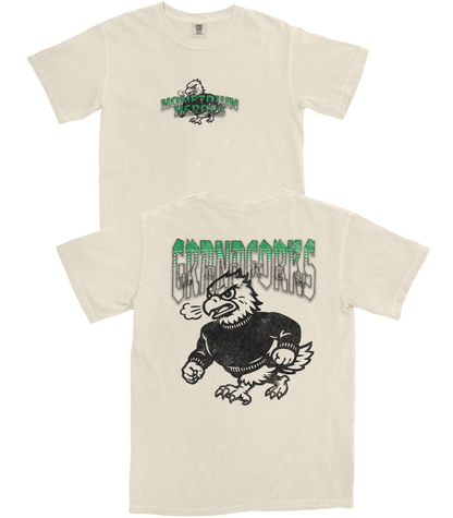 Two cream-colored t-shirts with graphic designs on a white background
