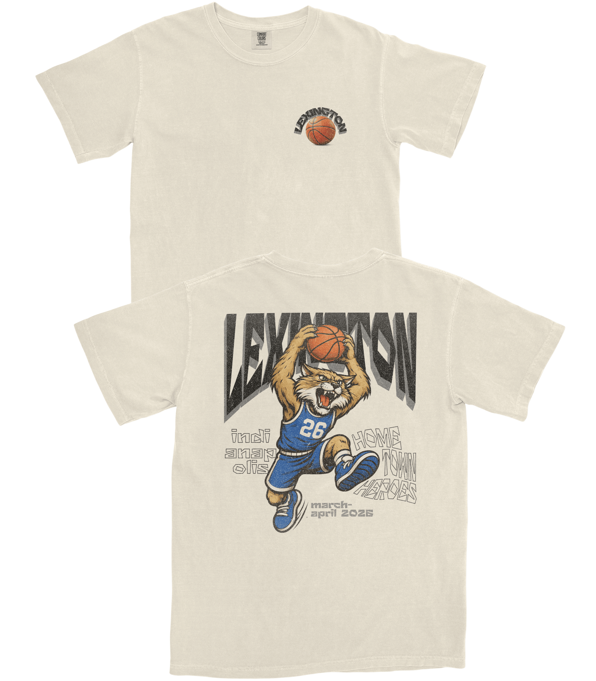 Beige t-shirt with a graphic of a lion holding a basketball and text on a white background