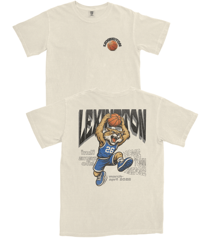 Beige t-shirt with a graphic of a lion holding a basketball and text on a white background