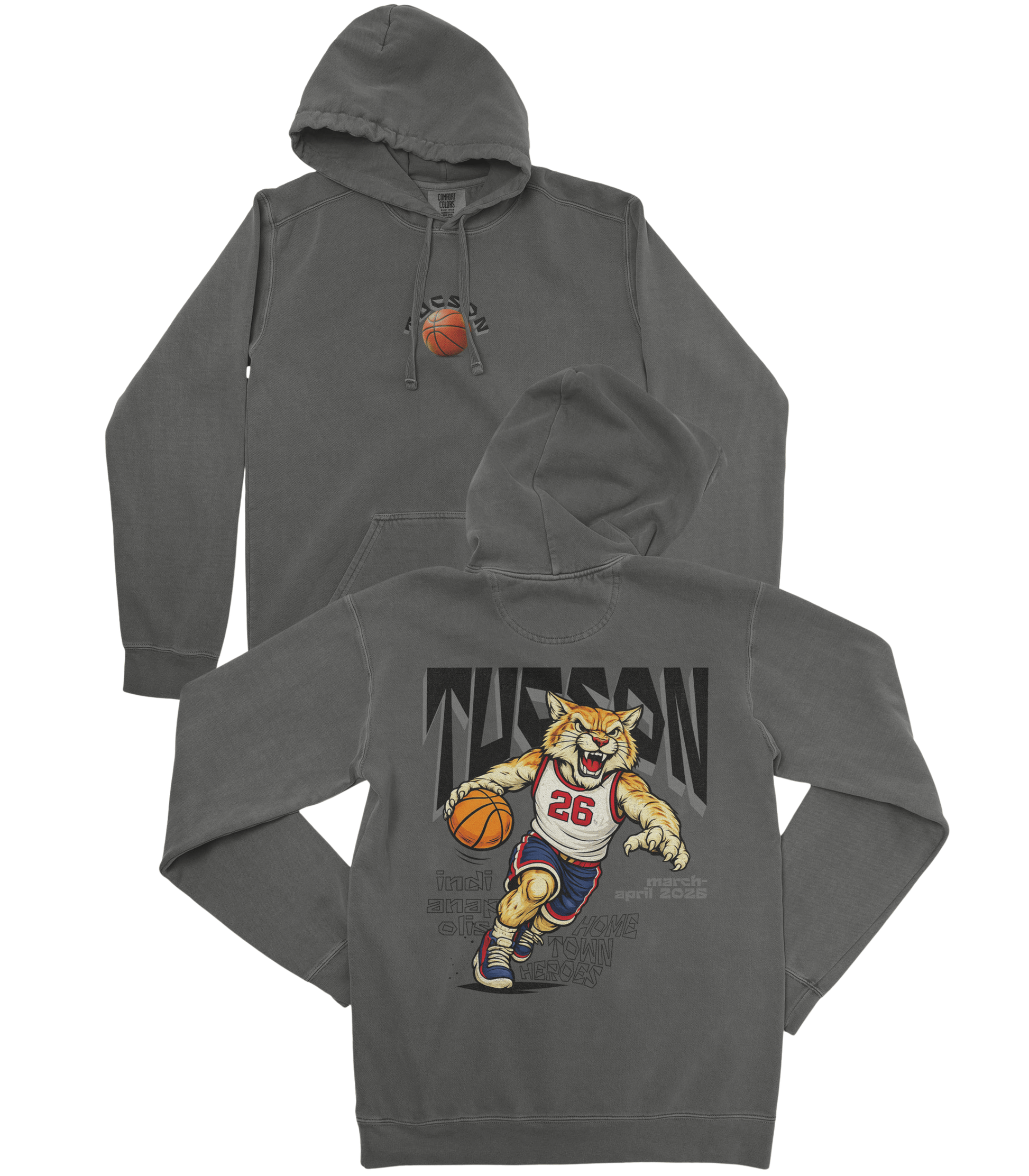 Gray hoodie with a tiger graphic and basketball design on the front and back, on a white background.