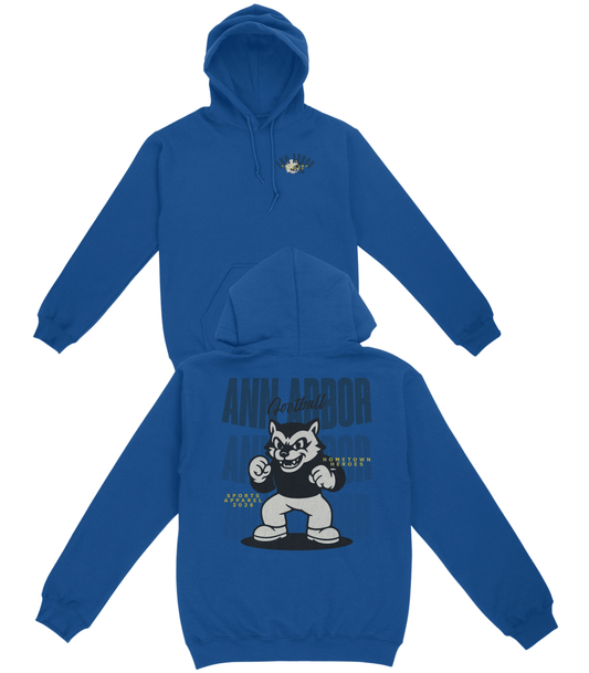Blue hoodie with a cartoon character and text on the front and back, on a white background.