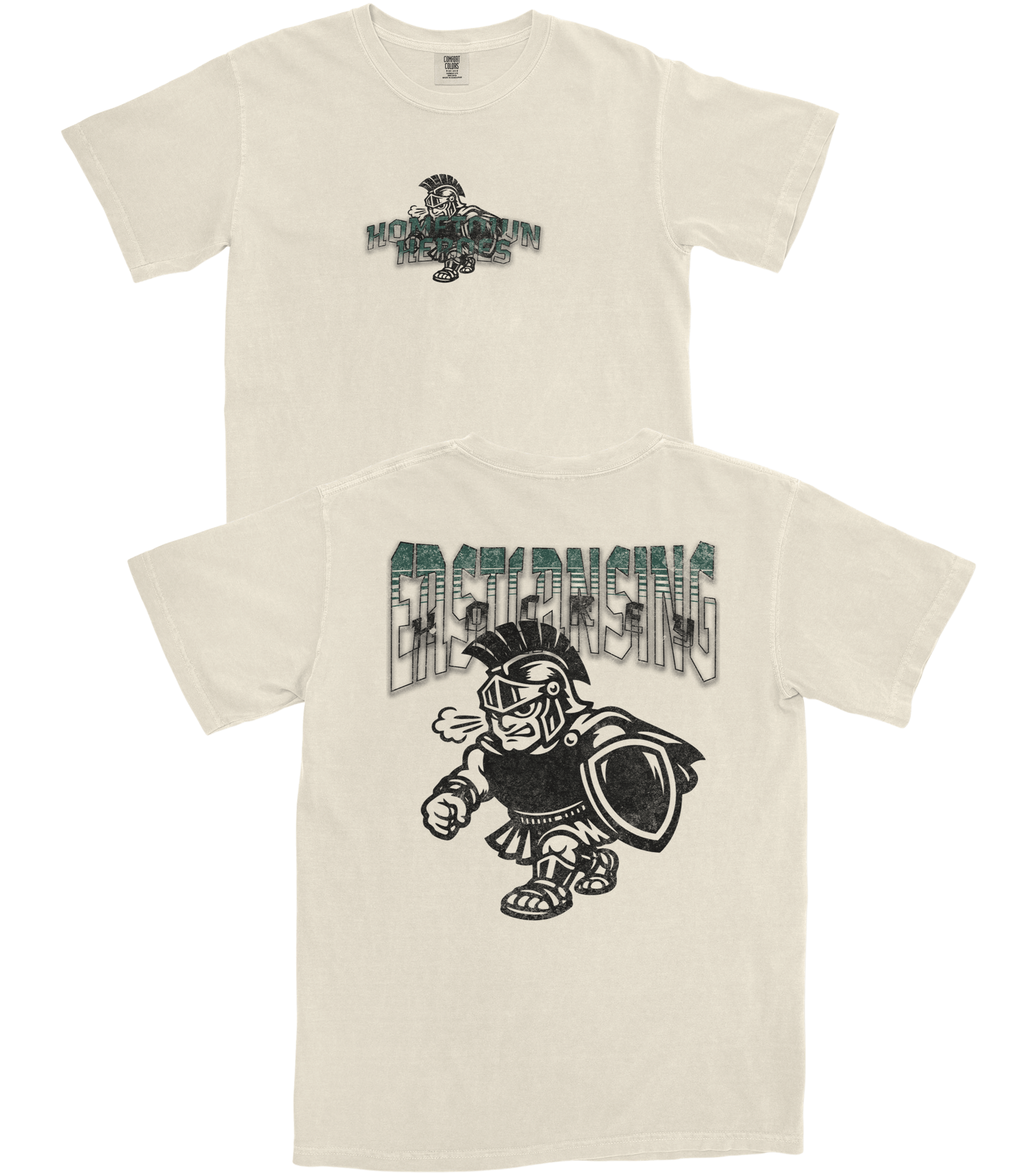 Two cream-colored t-shirts with graphic designs and text on a white background