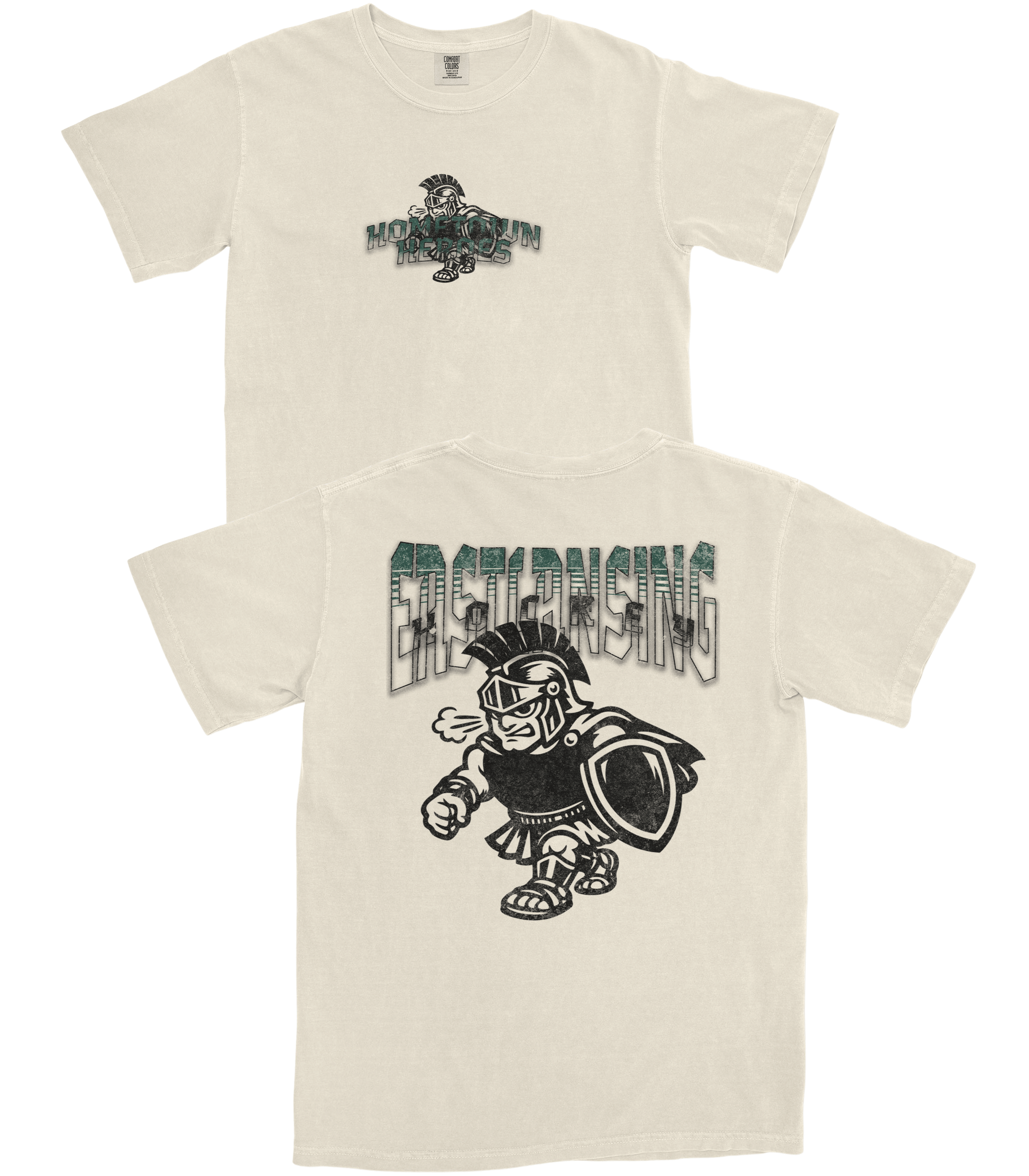 Two cream-colored t-shirts with graphic designs and text on a white background
