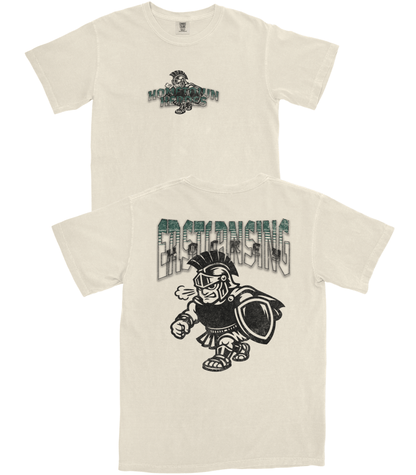 Two cream-colored t-shirts with graphic designs and text on a white background