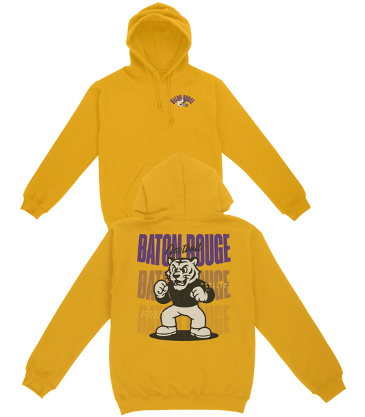 Yellow hoodie with 'Baton Rouge' and cartoon character design on a white background