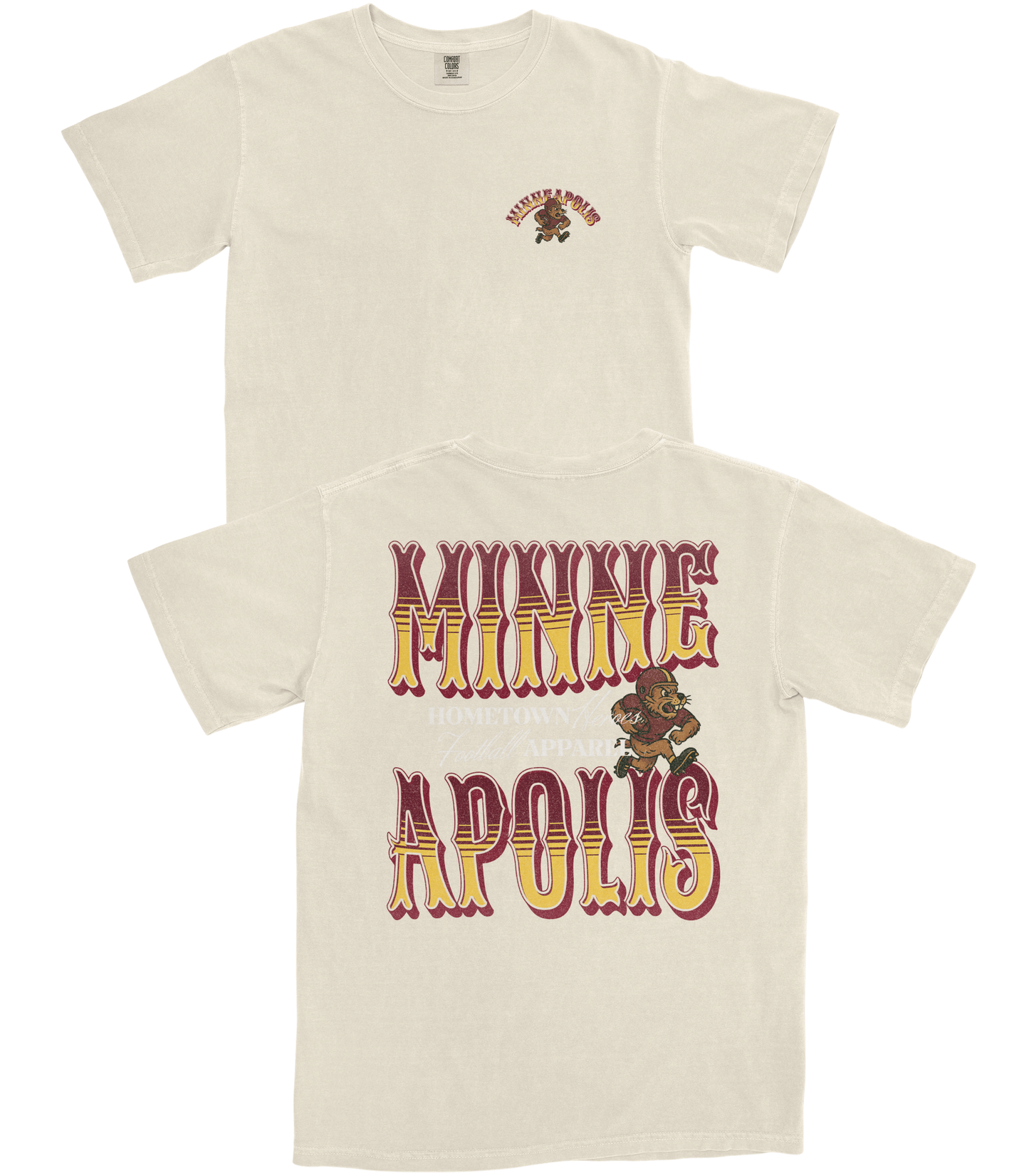Beige t-shirt with 'Minneapolis' text and bear graphic on a white background