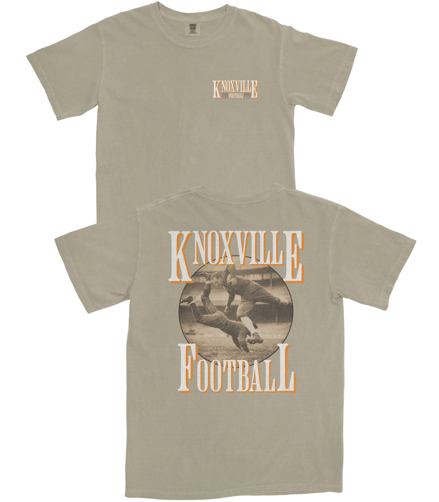Two beige t-shirts with 'Knoxville Football' design on a white background