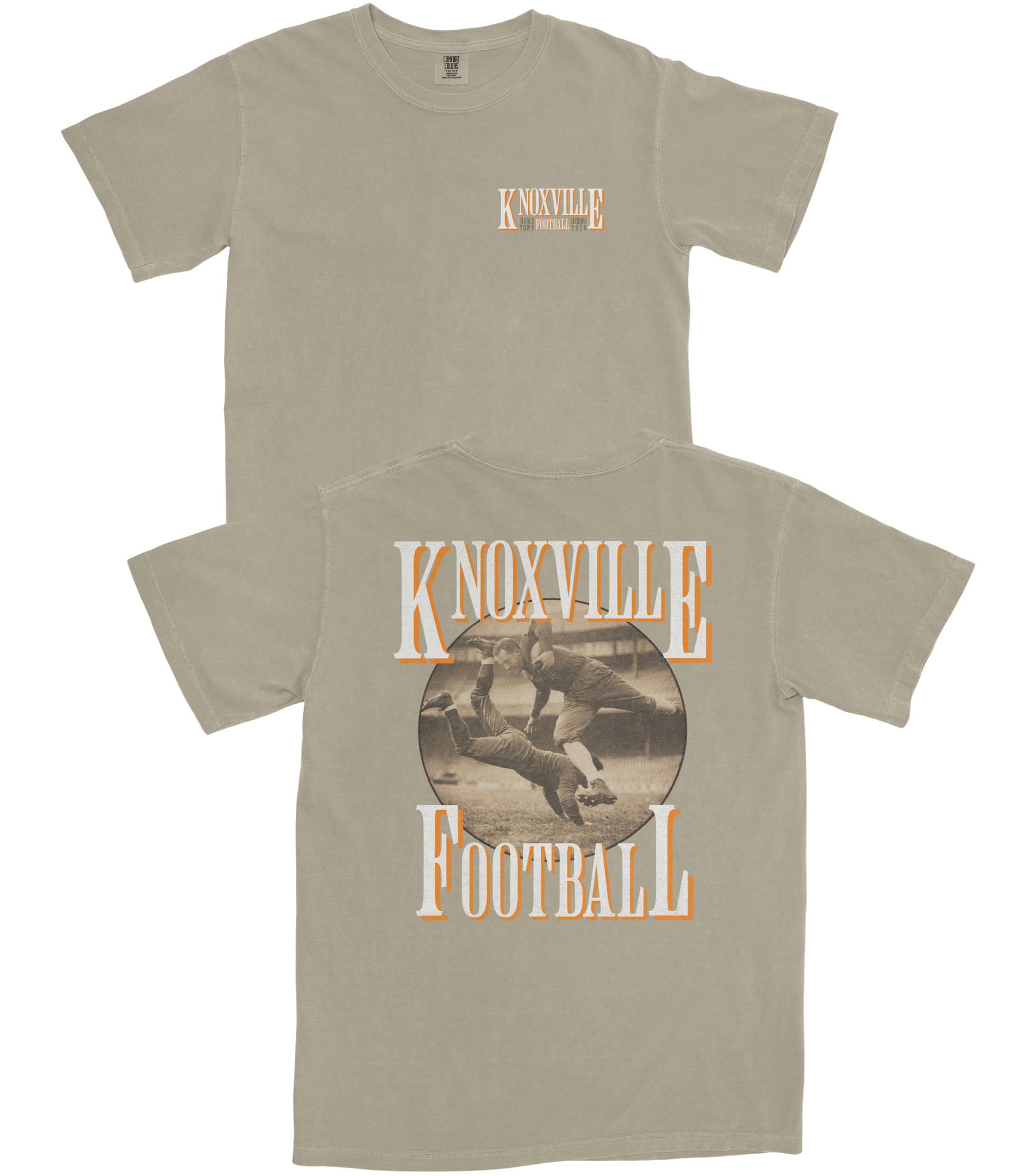 Two beige t-shirts with 'Knoxville Football' design on a white background