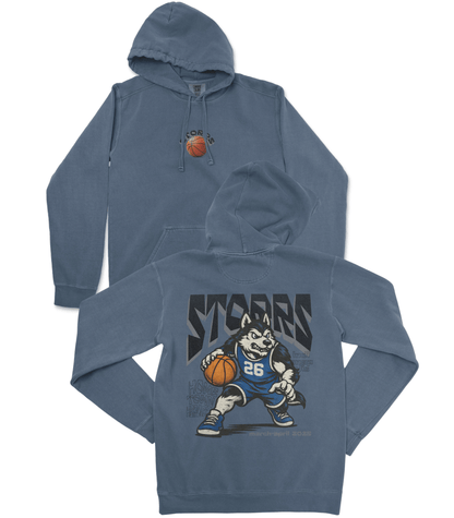 Blue hoodie with basketball graphic on front and back, featuring a cartoon wolf holding a basketball.