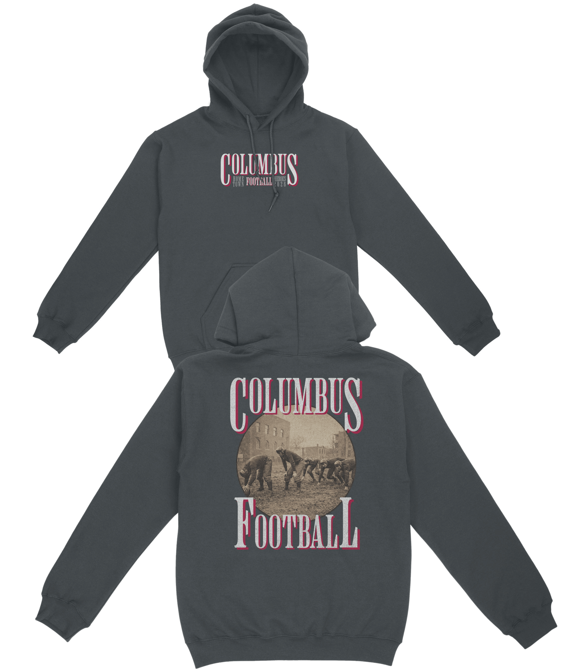 Dark gray hoodie with 'Columbus Football' text on front and back, on a white background