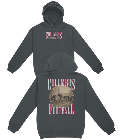 Dark gray hoodie with 'Columbus Football' text on front and back, on a white background