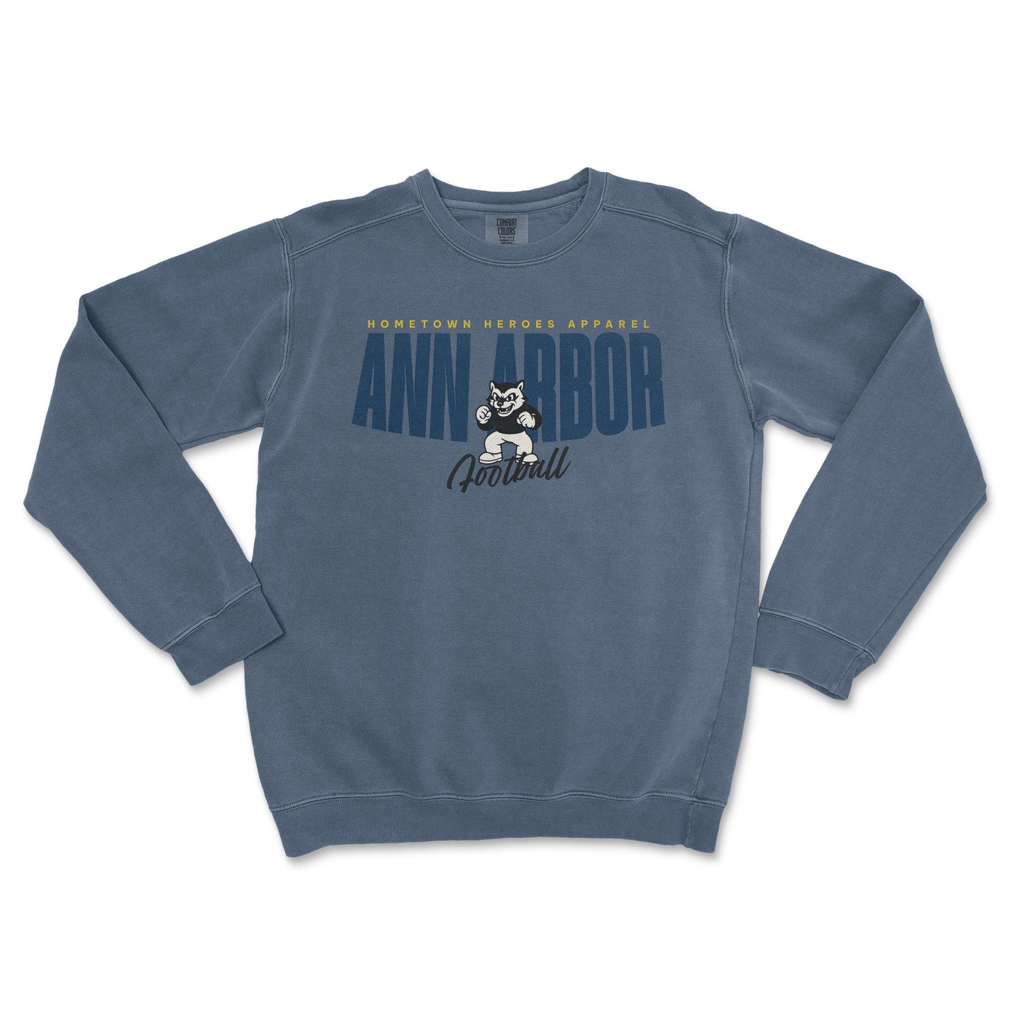 Blue sweatshirt with 'Ann Arbor Football' text and logo on a white background