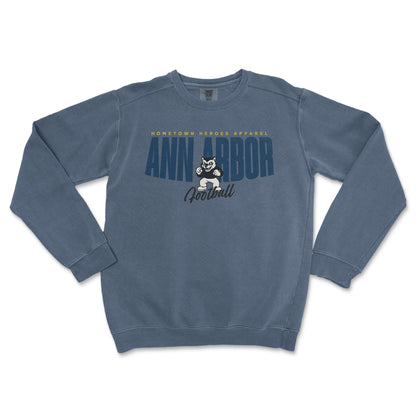 Blue sweatshirt with 'Ann Arbor Football' text and logo on a white background