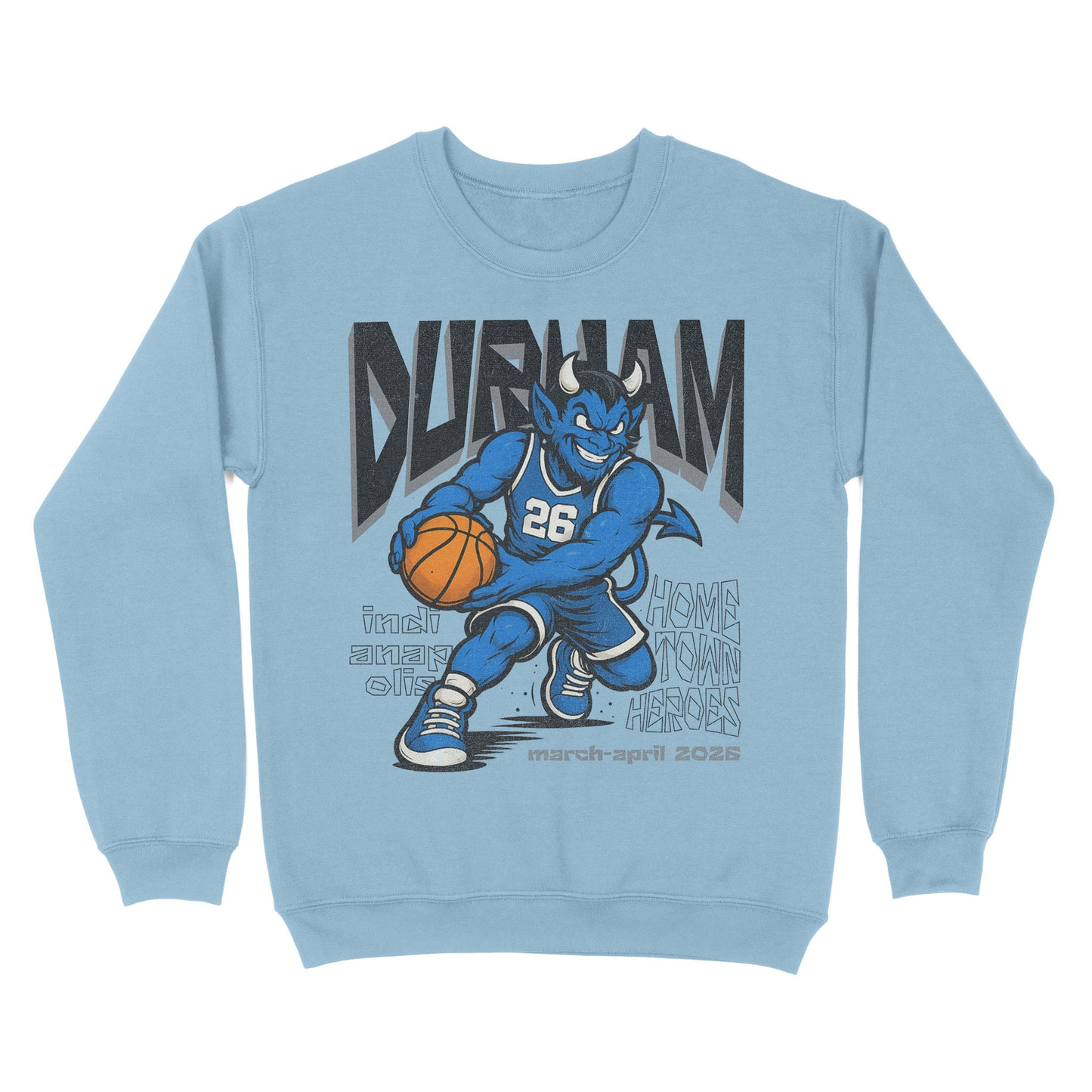 Light blue sweatshirt with a cartoon bull holding a basketball and text on a white background