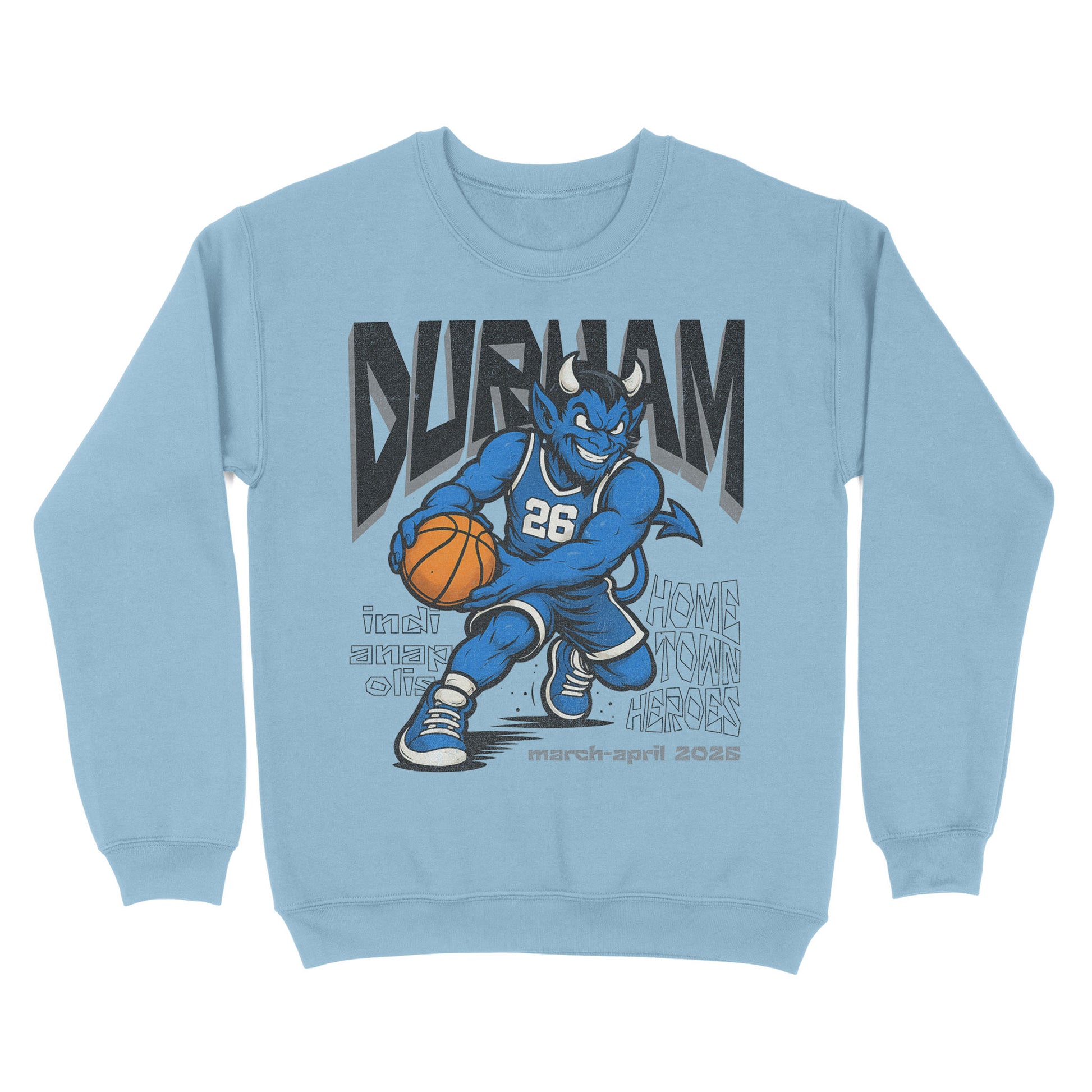 Light blue sweatshirt with a cartoon bull holding a basketball and text on a white background