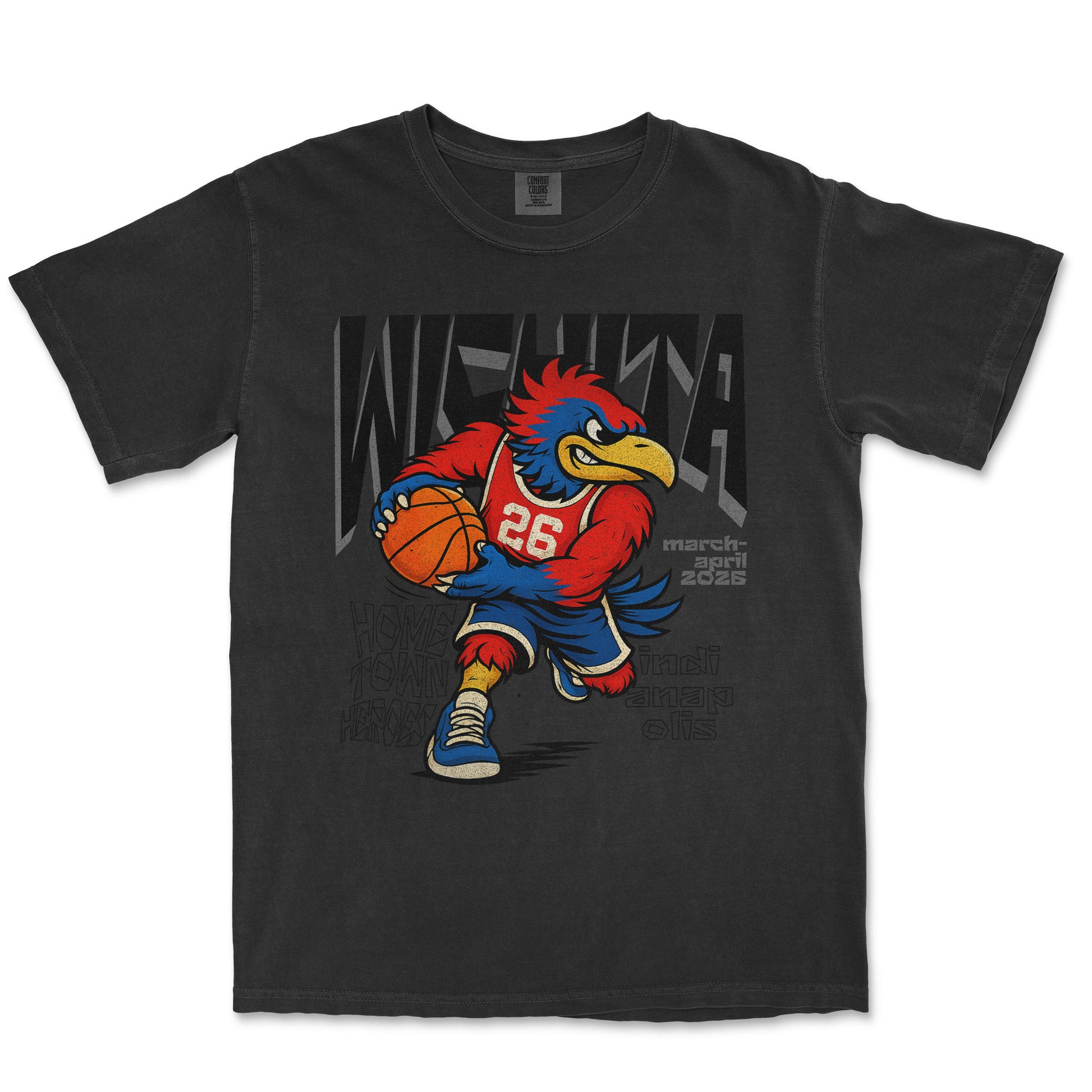 Black t-shirt with a cartoon mascot holding a basketball on a white background