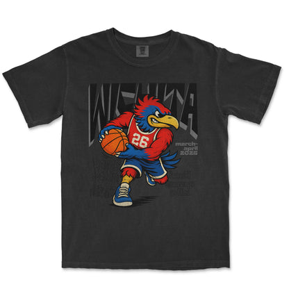 Black t-shirt with a cartoon mascot holding a basketball on a white background