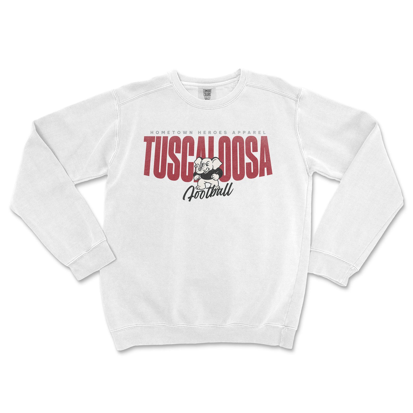 White sweatshirt with 'Tuscaloosa Football' text and graphic on a white background