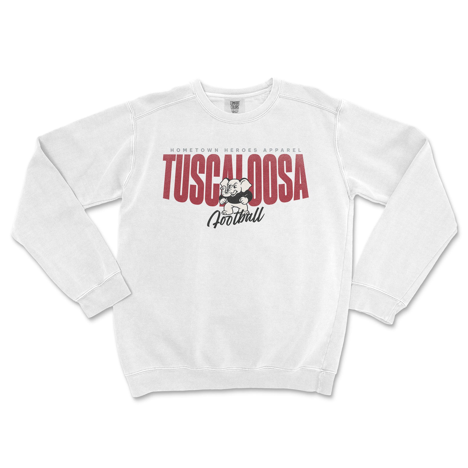 White sweatshirt with 'Tuscaloosa Football' text and graphic on a white background