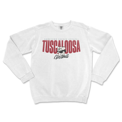 White sweatshirt with 'Tuscaloosa Football' text and graphic on a white background
