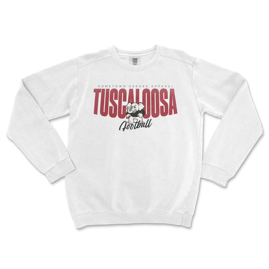 White sweatshirt with 'Tuscaloosa Football' text and graphic on a white background