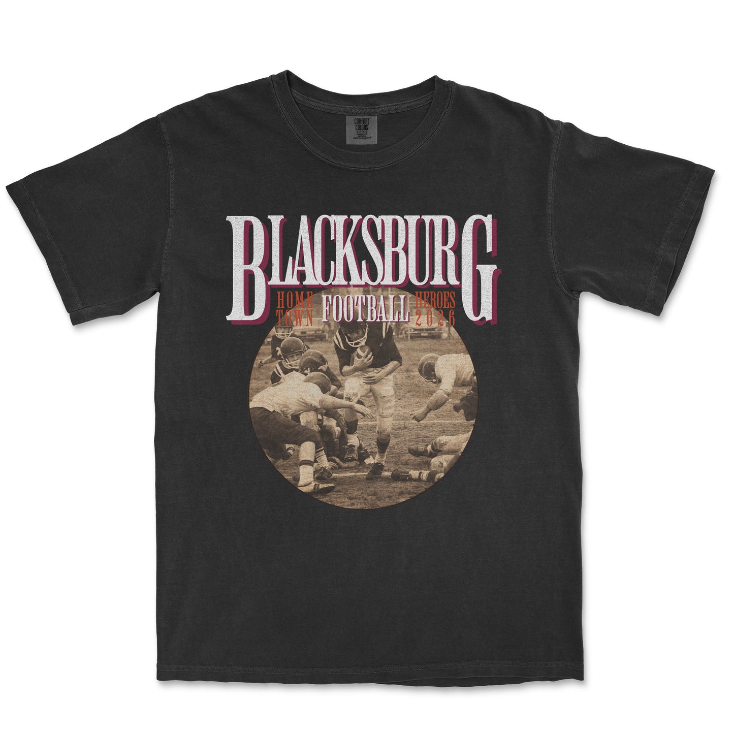 Black t-shirt with 'Blacksburg Football' graphic and vintage-style photo of a football game.