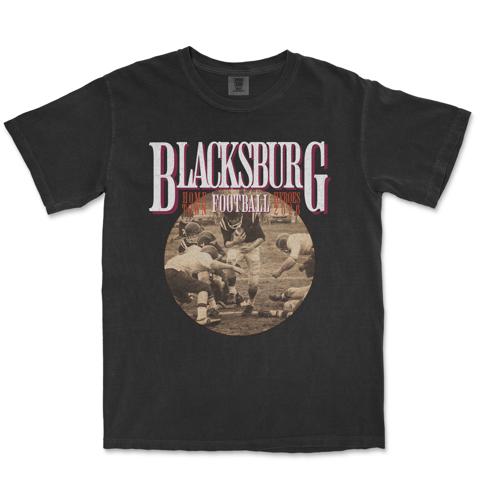 Black t-shirt with 'Blacksburg Football' graphic and vintage-style photo of a football game.