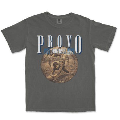 Gray t-shirt with 'Provo Football' graphic on a white background