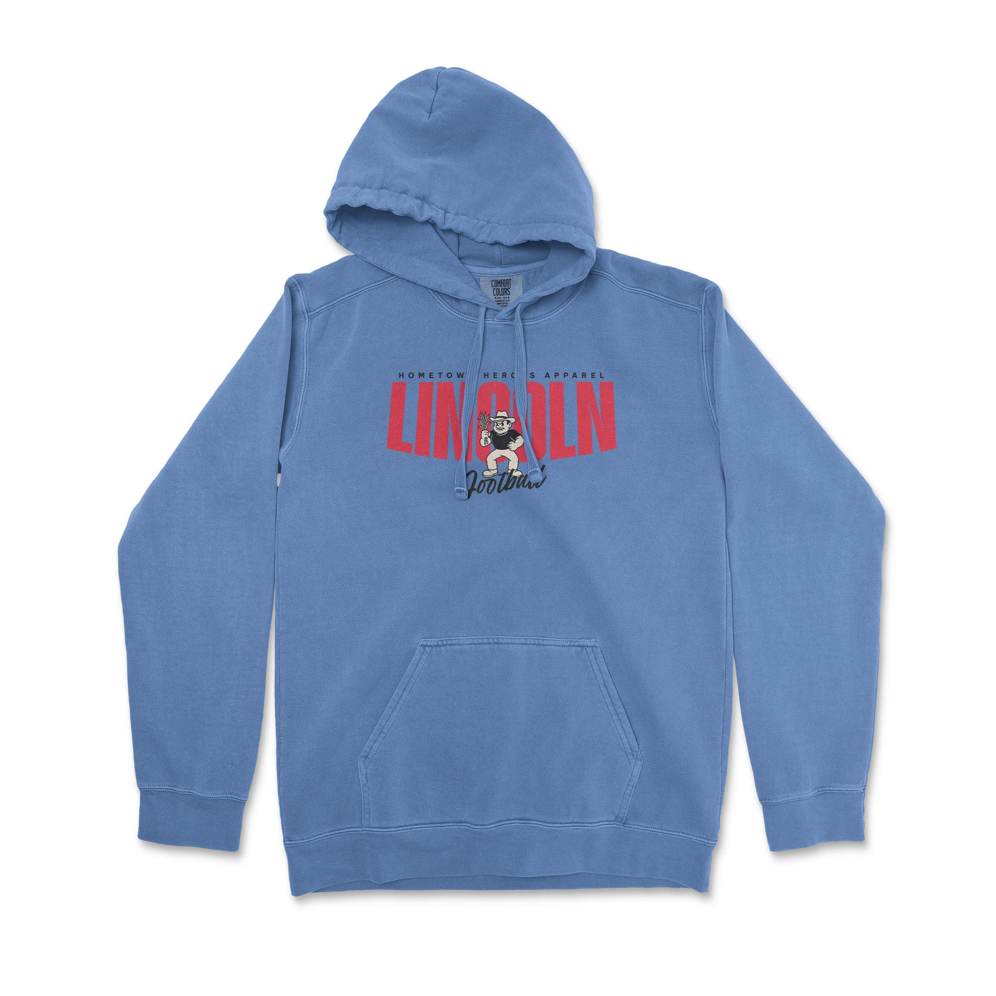Blue hoodie with red and white text on a white background