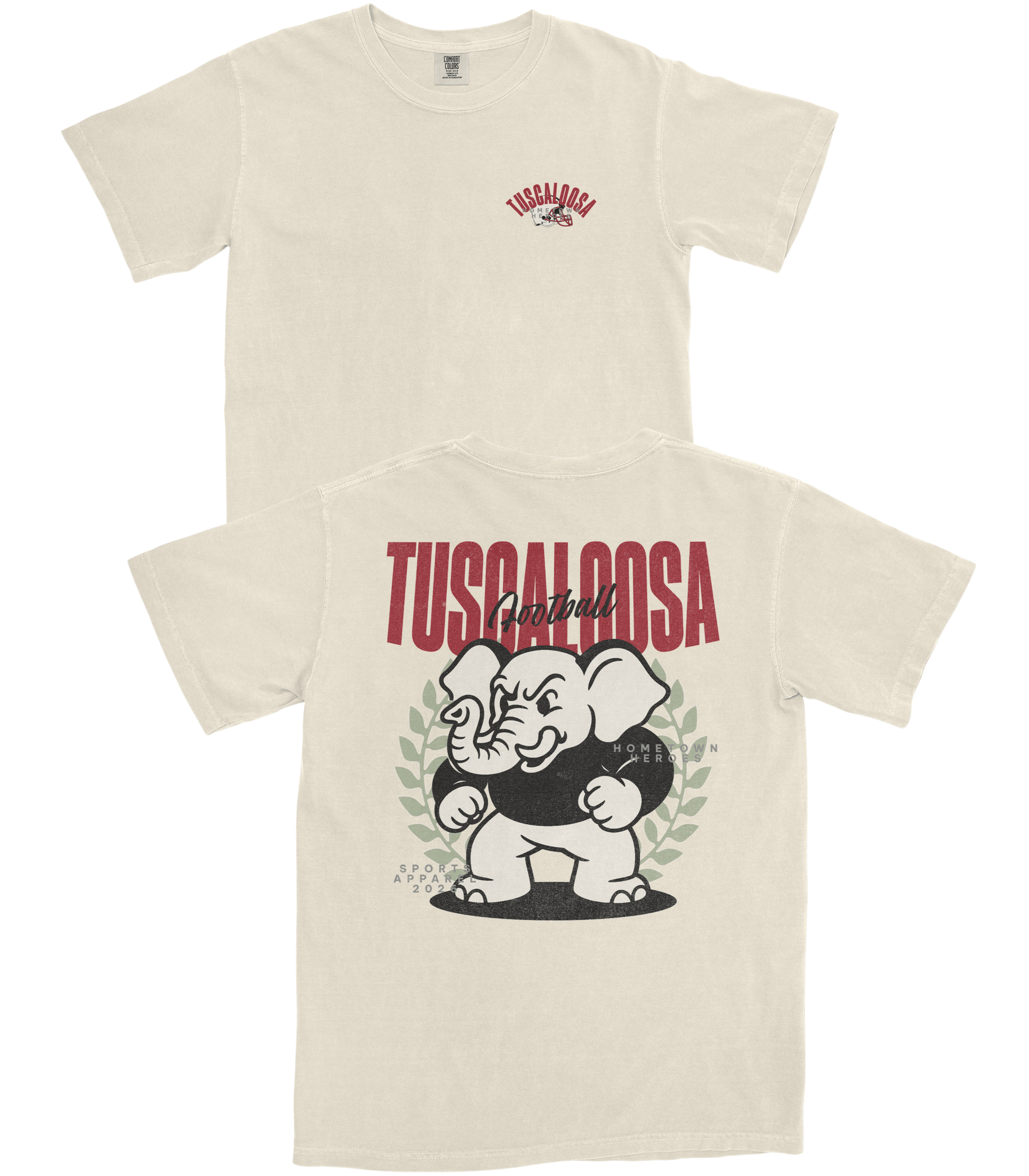 Beige t-shirt with graphic design and text on a white background