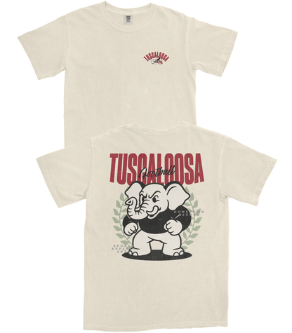 Beige t-shirt with graphic design and text on a white background