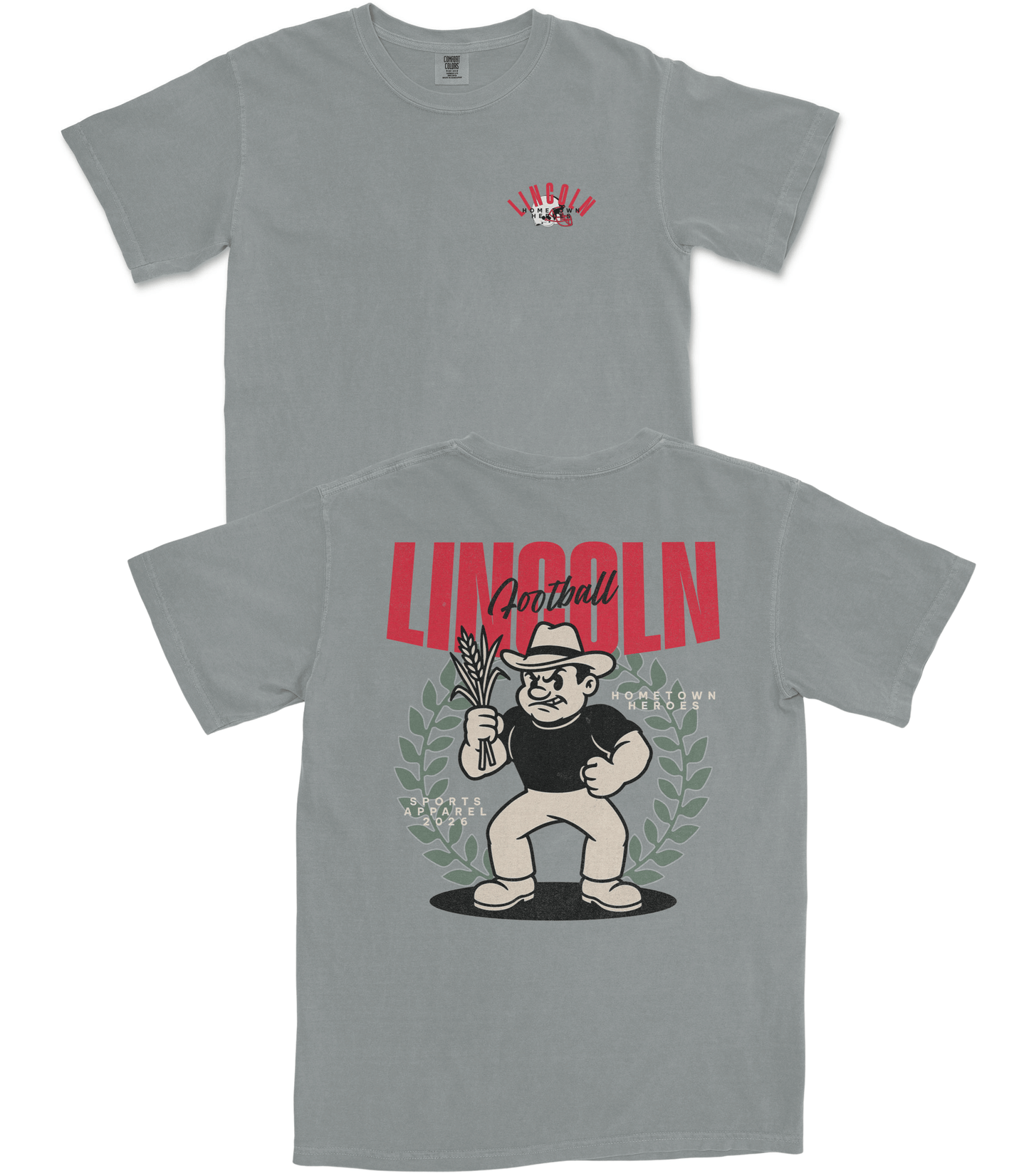 Gray t-shirt with cartoon character and 'Lincoln' text on a white background