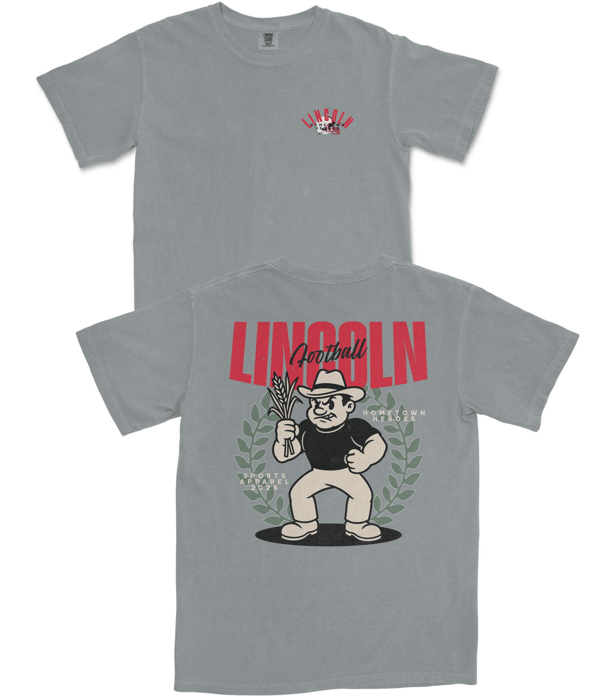 Gray t-shirt with cartoon character and 'Lincoln' text on a white background