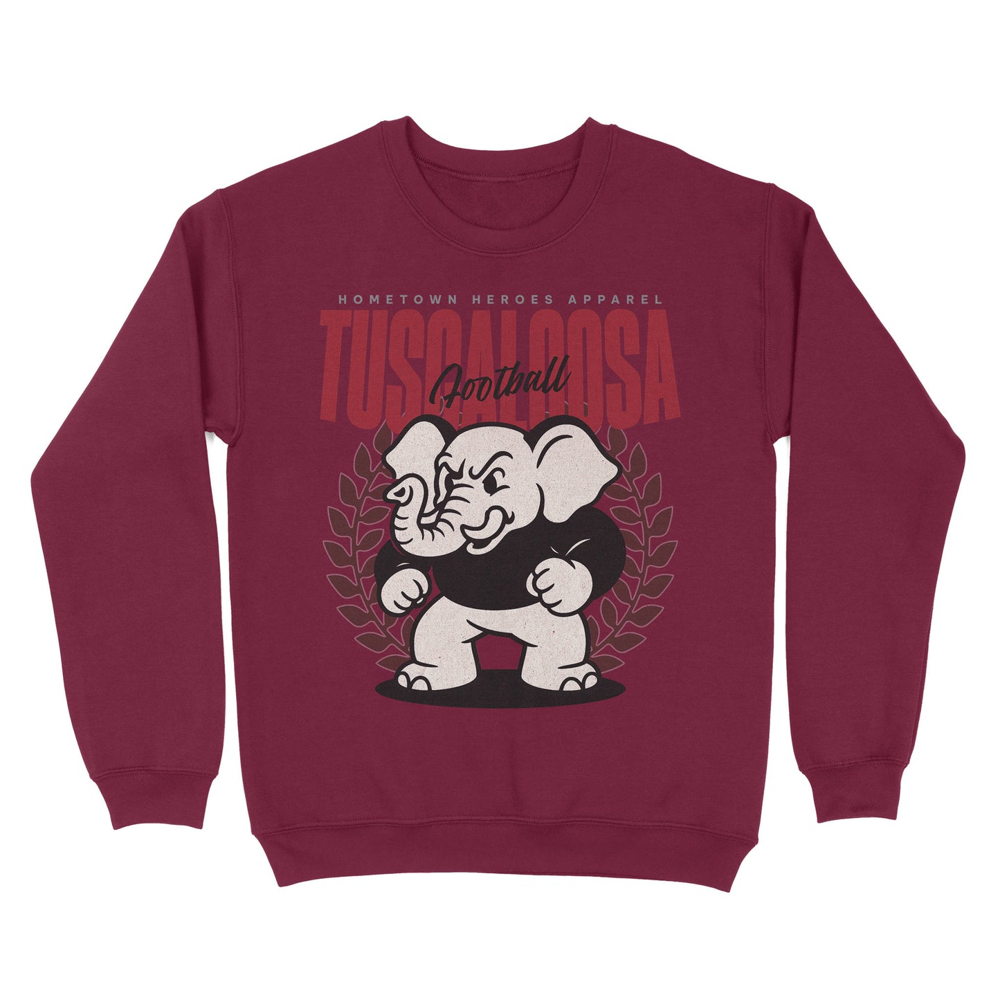 Maroon sweatshirt with a cartoon elephant and text on a white background