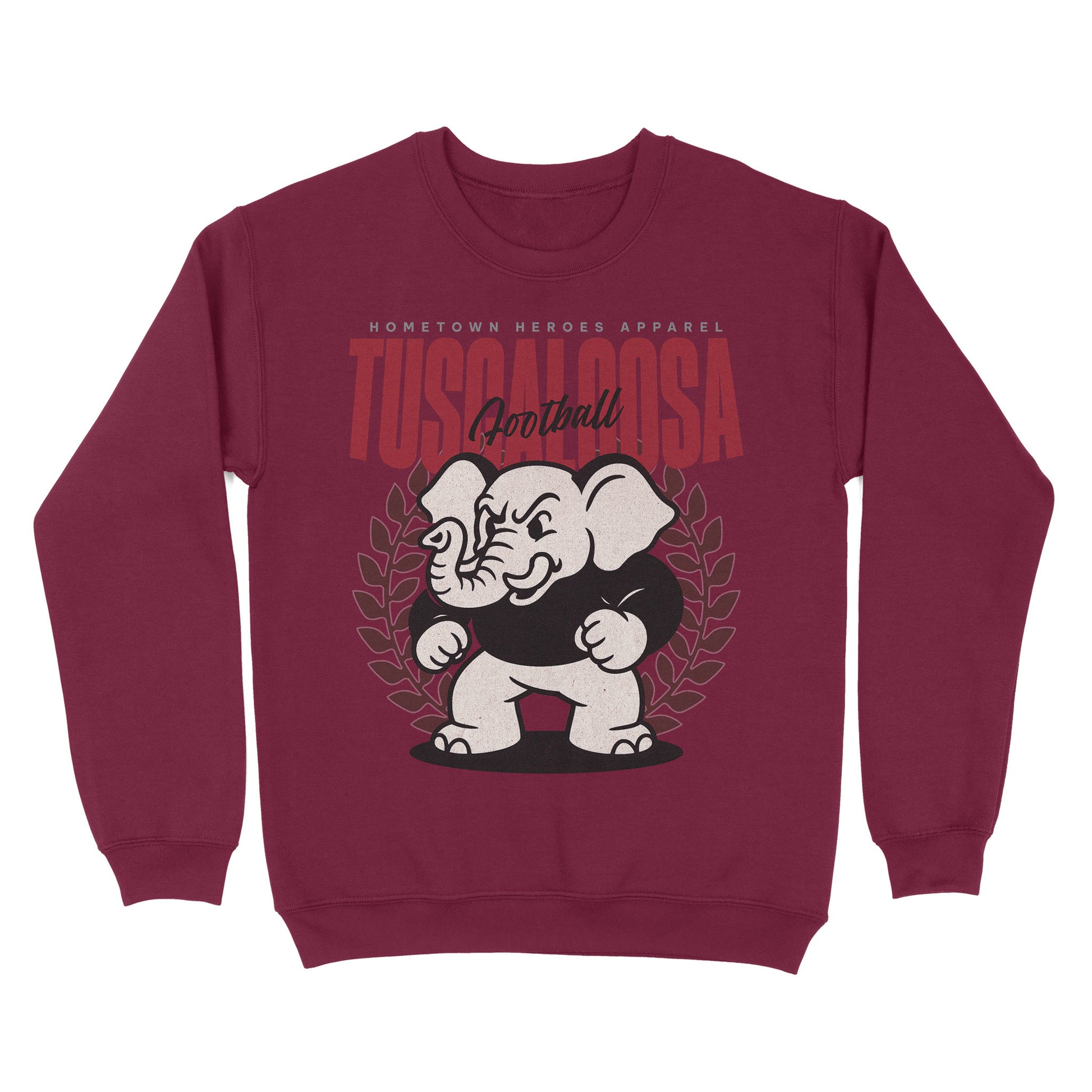 Maroon sweatshirt with a cartoon elephant and text on a white background