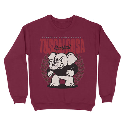 Maroon sweatshirt with a cartoon elephant and text on a white background