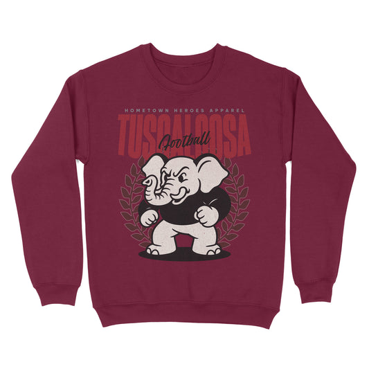 Maroon sweatshirt with a cartoon elephant and text on a white background