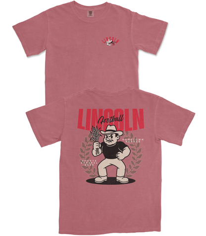 Red t-shirt with cartoon character and text on front and back