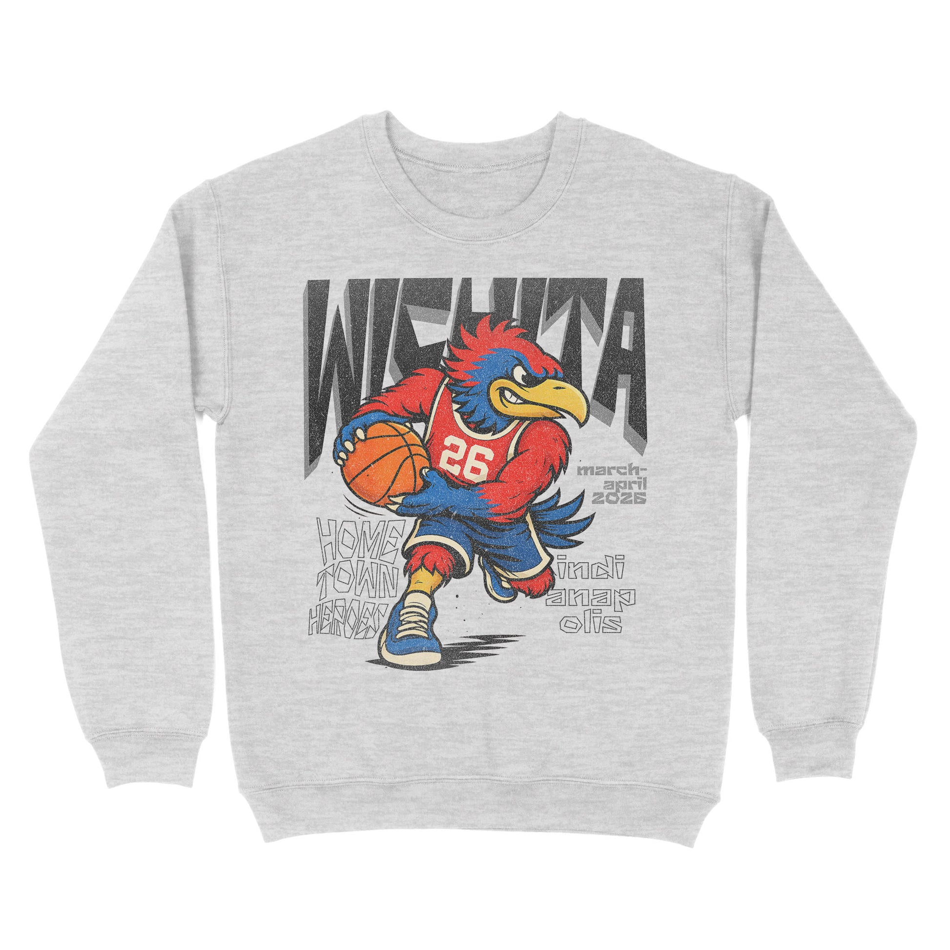 Gray sweatshirt with a colorful graphic of a mascot holding a basketball on a white background